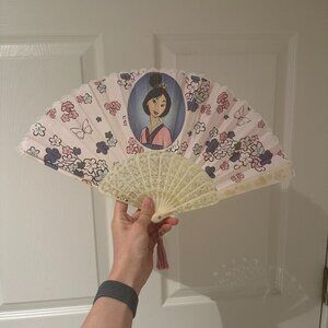 DISNEY Vintage Foldable Cloth Material Hand Fan Souvenir MULAN RARE Butterflies